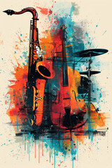 Vibrant Fusion of Saxophone and Violin in a Colorful Abstract Jazz Concert Poster