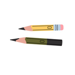 Small stubs of graphite pencils. Drawing tools, drafting instrument with lead, eraser. School stationery, office supplies for sketching. Flat isolated vector illustration on white background - obrazy, fototapety, plakaty