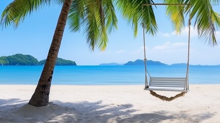 Fototapeta na wymiar Tropical beach panorama as summer relax landscape with beach swing or hammock