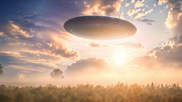 
UFO, an alien saucer floating above the stars
