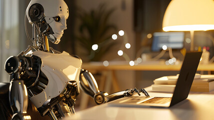 a humanoid robot is sitting at a desk, working on a laptop