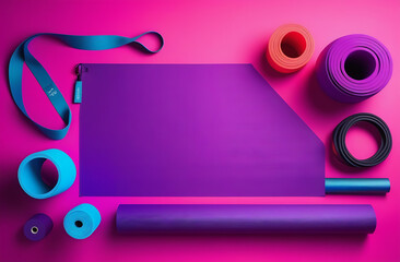 Top view of neon colored blue pink yoga mat on purple background. Yoga pilates or fitness practice. Losing weight and sport concept. Flat Lay. Copy space.