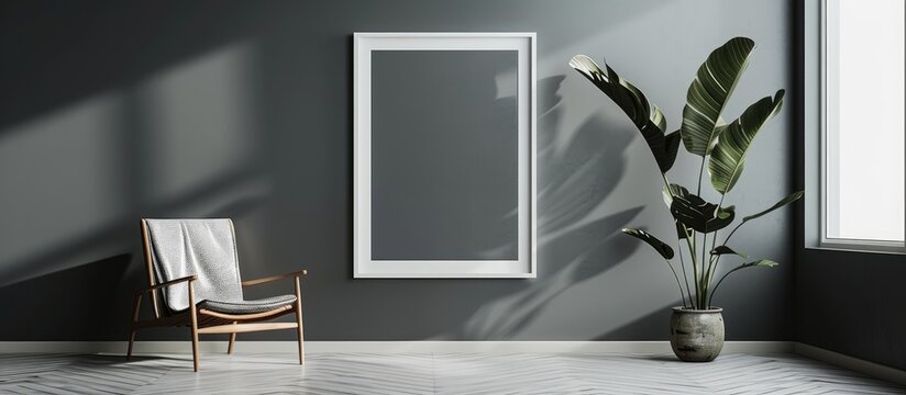 White picture frame mockup displayed on a grey wall in a modern Scandinavian-style interior with a chair, emphasizing home staging and minimalism.