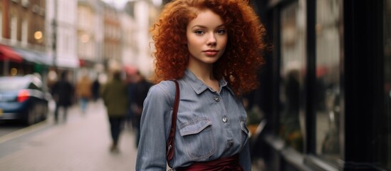 A woman with curly red hair strolls confidently down the bustling city street, turning heads with her vibrant locks and stylish fashion choices - obrazy, fototapety, plakaty