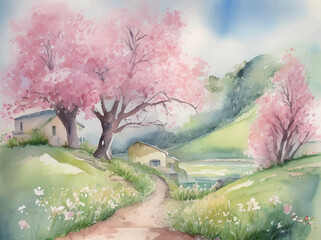 桜咲く風景の水彩イラスト Generative AI