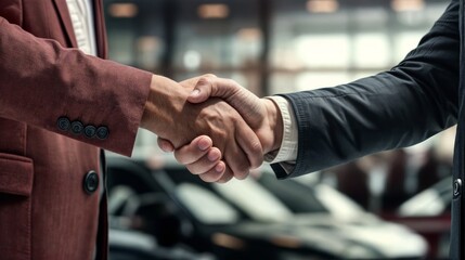 Close-up of business people shaking hands while standing in car showroom