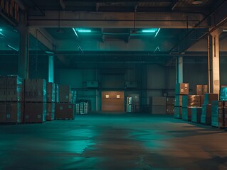 Spacious Industrial Warehouse at Night. Empty Storage Area. Mysterious Atmosphere. Urban Style. Generative AI