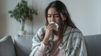 A woman wrapped in a knit blanket sits on a couch holding a mug.
