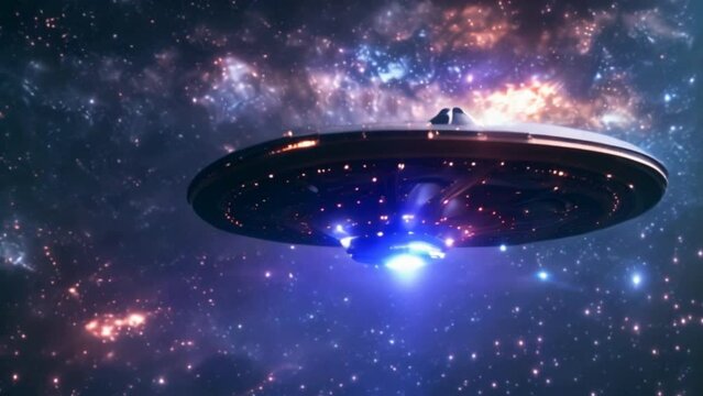 
UFO, an alien saucer floating above the stars