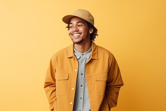 stylish african american man in yellow raincoat and cap smiling at camera isolated on yellow