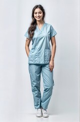 Fototapeta na wymiar Full length portrait of a smiling female doctor in blue scrubs on white background