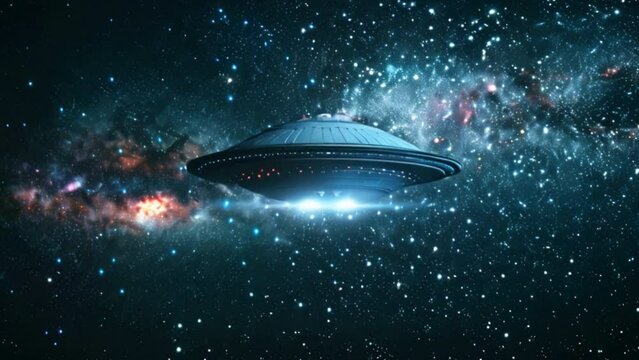 
UFO, an alien saucer floating above the stars
