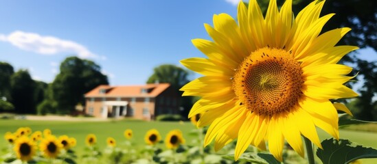A vibrant sunflower stands tall in a field, with a quaint house in the background against a clear blue sky, surrounded by trees and green grass