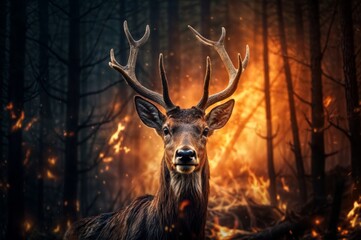 Wild deer stag in the forest at night with fire.