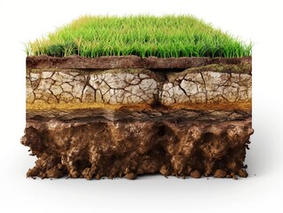 A detailed cross-section of soil layers showing grass on top, distinct stratification, and root system.