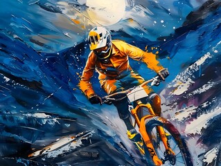 Mountain Biker in Vibrant Futuristic and Hyperrealistic Paintings, To showcase the excitement and challenge of mountain biking in various artistic