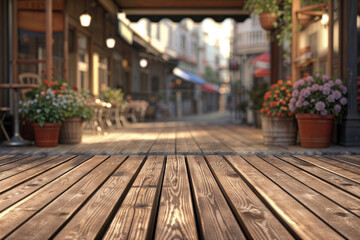 Fototapeta na wymiar Wooden boardwalk with flower pots on a cozy street cafe background. Outdoor mockup with copy space. Urban life and cityscape concept. High quality photo
