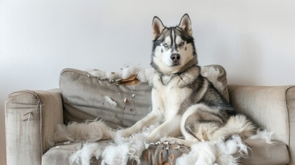 A husky dog is seated on a couch, its fur blending with the feathers strewn around it - obrazy, fototapety, plakaty