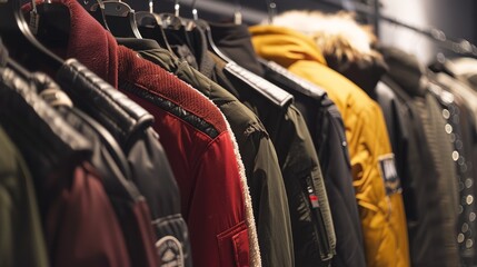 A neat row of jackets hanging on a rack in a clothing store, showcasing different colors and styles