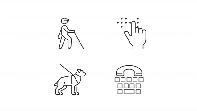 Blindness line animation library. Animated icons related to visual impairment. Accessibility and communication. Black illustrations on white background. HD video with alpha channel. Motion graphic