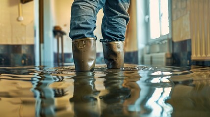 A person standing with feet submerged in a small puddle of water on a grey concrete surface - Powered by Adobe