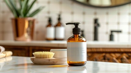 A standard bottle of soap is placed on top of a kitchen counter. The label is facing forward and the soap dispenser is closed - obrazy, fototapety, plakaty