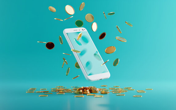 3D Rendering of smartphone with digital coin flowing. AI Generative image of abstract smartphone with digital currency and minimal background. 