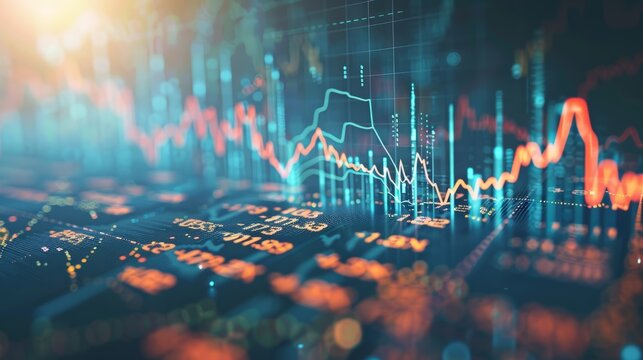 An abstract representation of a stock market chart, showing fluctuating trends, line graphs, and data points