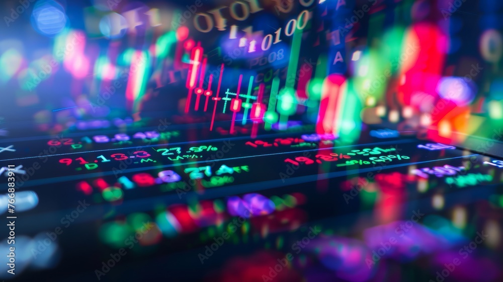 Poster close up view of vibrant lights illuminating a computer screen, creating a colorful and dynamic disp