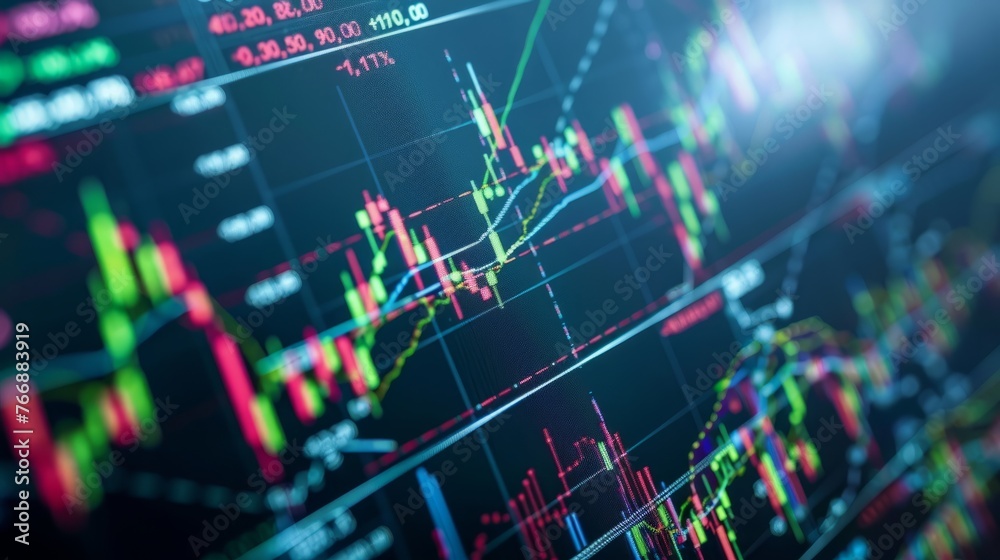 Poster detailed close up of a stock chart displayed on a computer screen, showing real-time trading data an