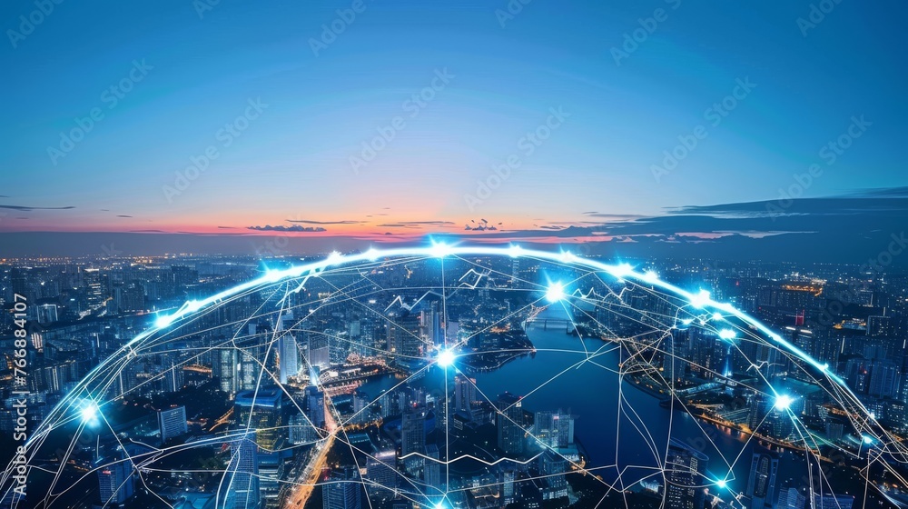 Aufkleber world's largest wireless communication network on a modern cityscape background.