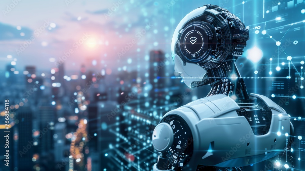 Poster RPA. Robotic Process Automation on an abstract background of a modern city...