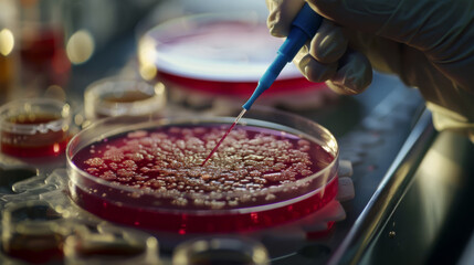 Obraz premium A gloved hand holds a petri dish containing bacterial cultures with a microscope in the background.