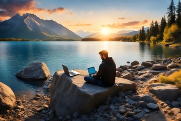 A man is learning something sitting on a rock beside a lake with mountains and sunset a pleasant view - Powered by Adobe