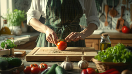Hands chop garlic on a wooden board among fresh tomatoes and herbs in a sunny kitchen.