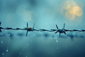 Barbed Wire With Water Drops - obrazy, fototapety, plakaty