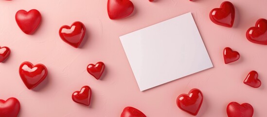 A mockup of an empty Valentine's Day card with red hearts placed on a light pink background, arranged in a flat lay style to symbolize love and relationships.