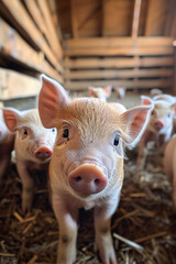Fototapeta premium Piglets in a farm setting. Close-up and group portraits of young pigs