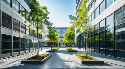 A courtyard filled with various trees and plants - obrazy, fototapety, plakaty