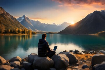 A man is learning something sitting on a rock beside a lake with mountains and sunset a pleasant...