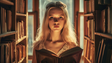 beautiful blonde girl reading a book in old library, world poetry day, poster