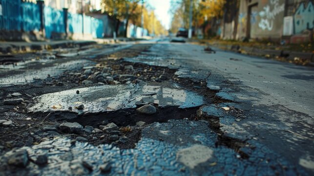 Damaged asphalt pavement road with potholes in city