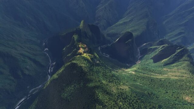 Aerial drone view of Historic Sanctuary of Machu Picchu. Peru