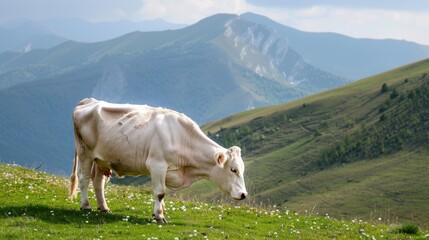 A white cow stands on a vibrant green hillside under the clear sky - Powered by Adobe