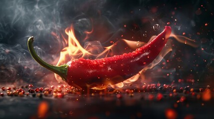 Red chili pepper with flames licking around its edges - obrazy, fototapety, plakaty
