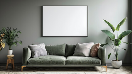 Living room interior with blank poster frame mockup