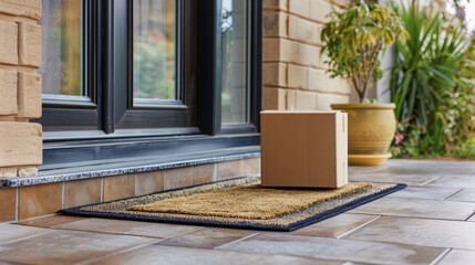 A simple cardboard box is placed on the ground in front of a window, creating a contrast between man-made and natural elements in the scene