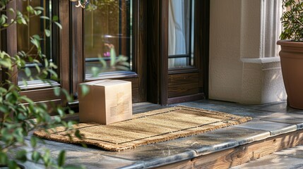 Fototapeta na wymiar A cardboard box placed on a mat outside a homes porch