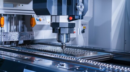 A machine cutting a piece of metal with precision and efficiency in an industrial setting