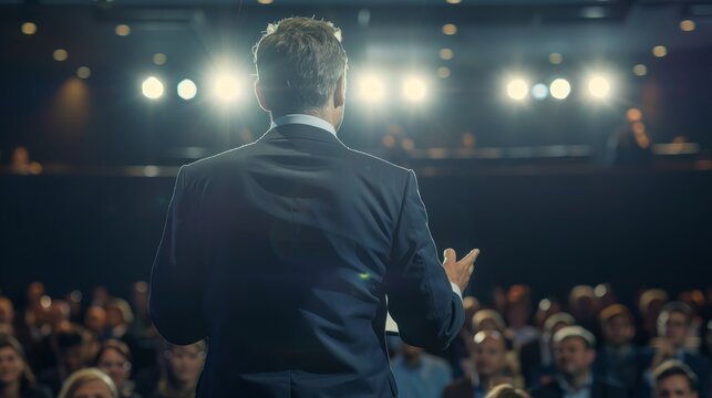 A man standing confidently in front of a gathered crowd, addressing them with determination and purpose
